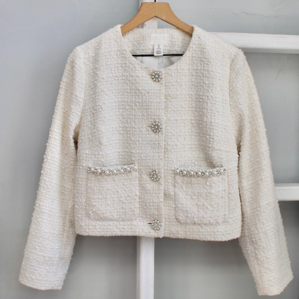H&M Women's Cream Rhinestone Pearl Buttons Tweed Cropped Jacket Blazer Medium